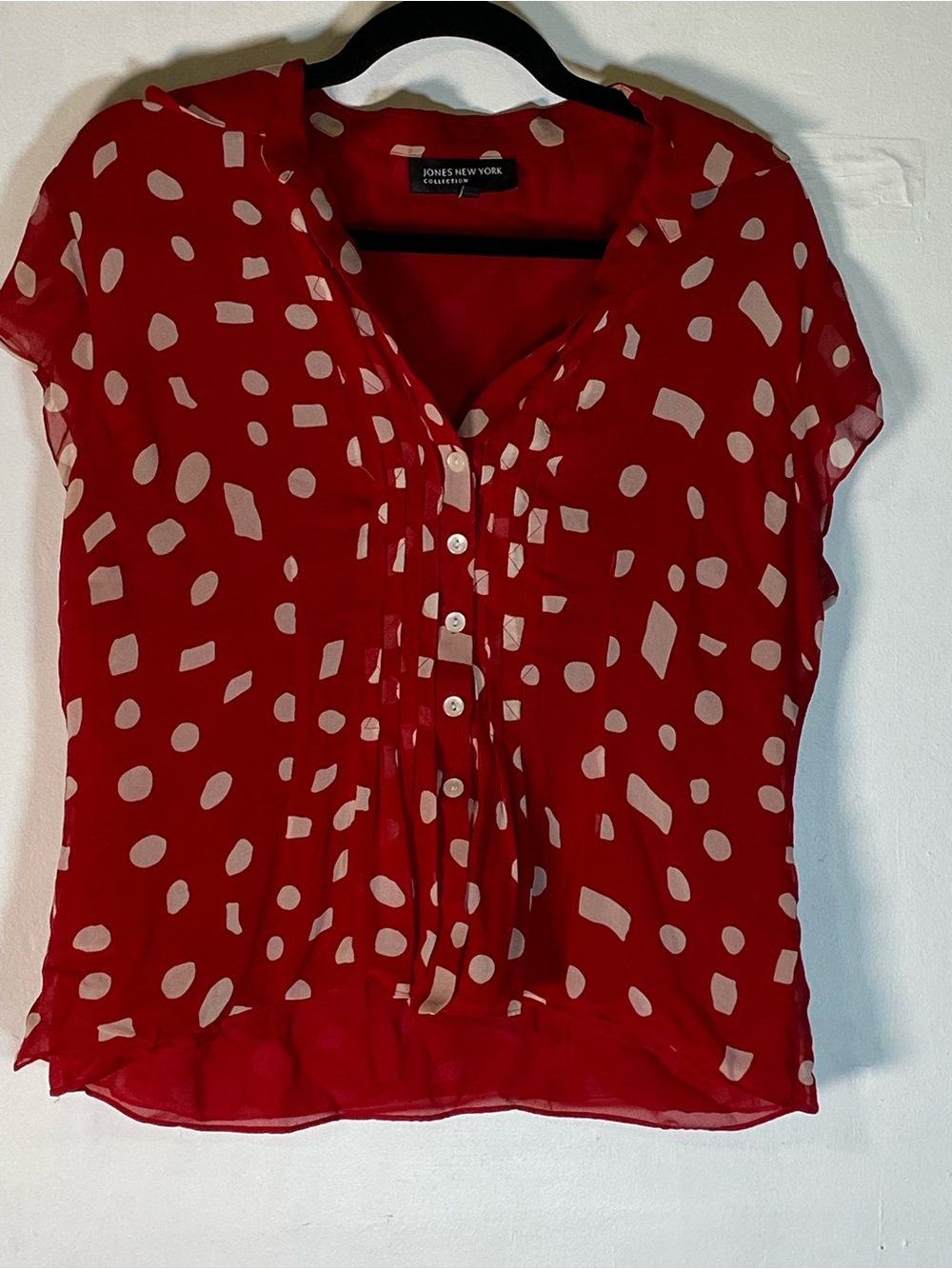 Jones New York Red Sheer Polka‎ Dot Blouse High Low Flutter Sleeve 10 Office